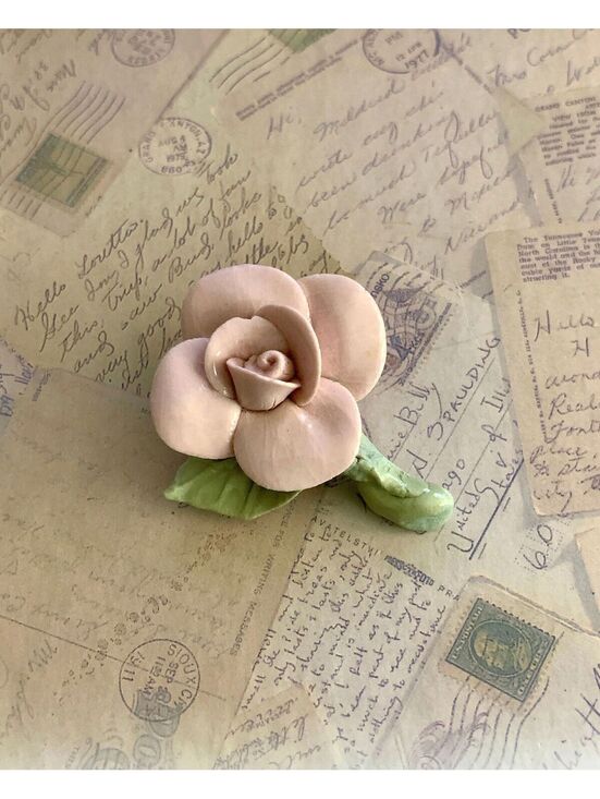 Jewelry - Vintage Charming Handmade Pink Rose Flower Brooch with Green Leaves